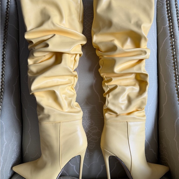 Shoes - Yellow Slouchy Knee-High Stiletto Boots - Women's Fashion Boot